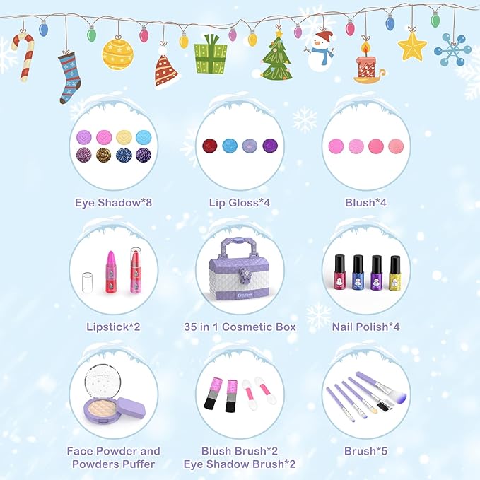 GirlsHome Kids Makeup Kit for Girl 35 Pcs Washable Toddler Makeup Kit, Girl Toys Real Cosmetic Little Girls Makeup Set, Safe & Non-Toxic Frozen Makeup Set for 3-12 Year Old Kids (Purple)