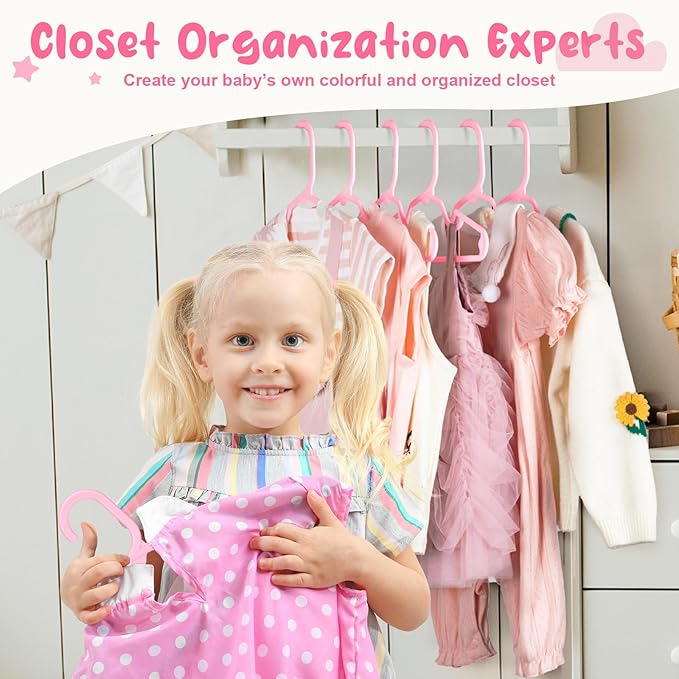 HOUSE DAY Premium Baby Hangers 60 Pack, 11 Inch Kids Plastic Hangers Pink, Slim Childrens Hangers for Infant, Toddler, and Child Clothes, Durable Baby Clothes Hangers for Closet