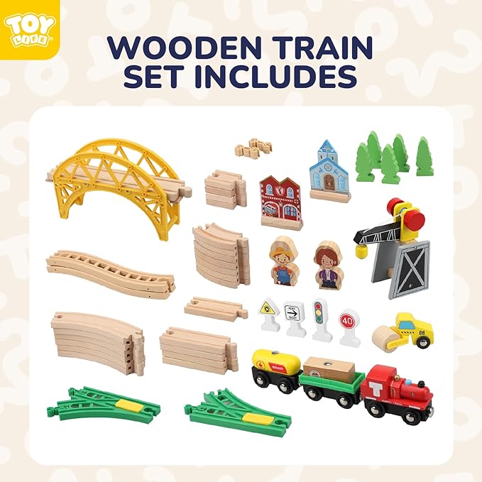 TOY Life Train Set 60pcs Wooden Train Set with Crane, Wooden Train Tracks Toy Train Set for Toddlers 3 4 5, Wooden Toys Toddler Train Set Gift for Kids 4-8, Fits Thomas Brio Melisa Train Track Set