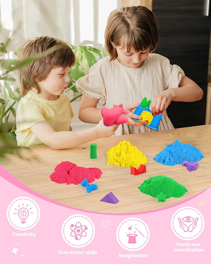 Play Sand with 6 Colored Sands of 11lbs, Including a Sand Tray with Lid - Sensory Toy Kits and Sand Art Kits for Kids (Pink Tray)