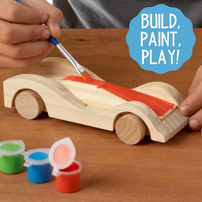 Made By Me Build & Paint Your Own Wooden Cars by Horizon Group USA, DIY Wood Craft Kit, Easy to Assemble & Paint 3 Race Cars, Multicolored