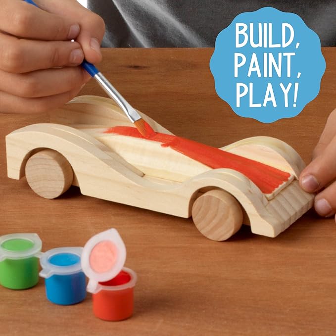 Made By Me Build & Paint Your Own Wooden Cars by Horizon Group USA, DIY Wood Craft Kit, Easy to Assemble & Paint 3 Race Cars, Multicolored