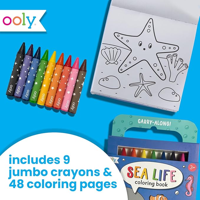 Ooly Travel Art Kit with 9 Jumbo Crayons & 48 Themed Coloring Pages & Case for Easy Traveling Art Creation, Perfect Airplane Travel Set to Entertain Kids - Sea Life