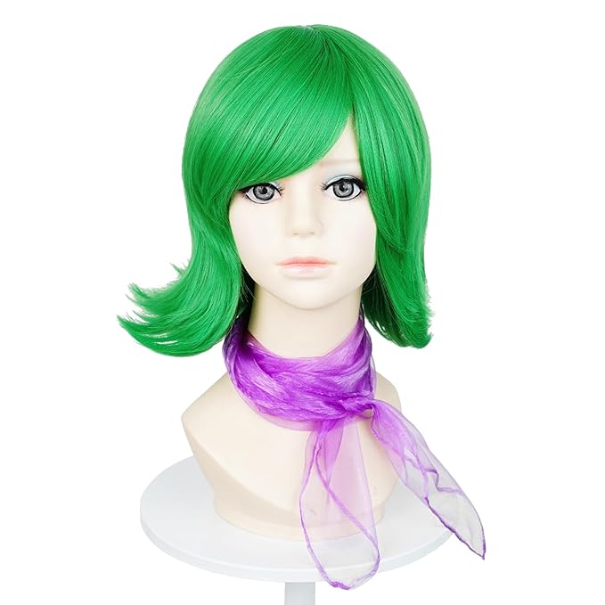 Probeauty Short Green Wig for Kids Cosplay, Green Bob Costume Wig for Halloween Cosplay Party with Scarf