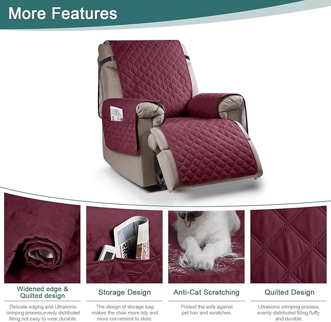 Ruaozz 100% Waterproof Recliner Chair Cover Non-Slip Oversized Reclining Cover for Large Recliner Chair Washable Chair Seat Cover with Elastic Straps for Kids, Dogs, Pets (Wine, 28'')