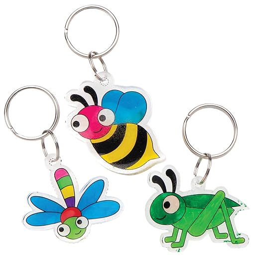 Baker Ross AT609 Bug Super Shrink Keyring Kits - Pack of 8, Make Your Own Key Rings for Kids to Color In, Make and Display, White