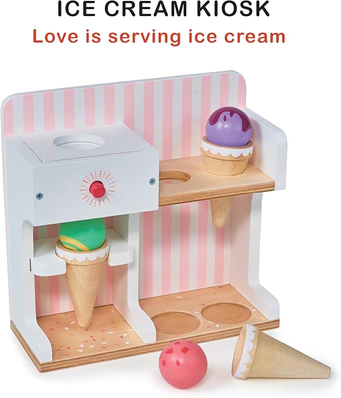 Mentari Toys - Ice Cream Kiosk - Wooden Mini Ice Cream Toy Shop - Pretend Play Set for Kids, Play Food and Accessories, Encourage Role Play and Develops Social Skills - Age 3+