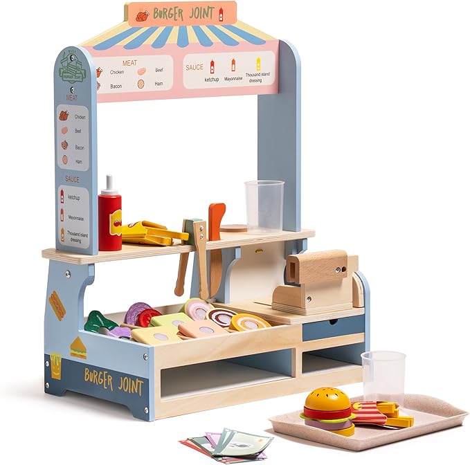 ROBUD Pretend Play Food Toys for Kids Toddlers, Wooden Kitchen Food Sets for Boys Girls - Sandwich Counter with Deli Slicer
