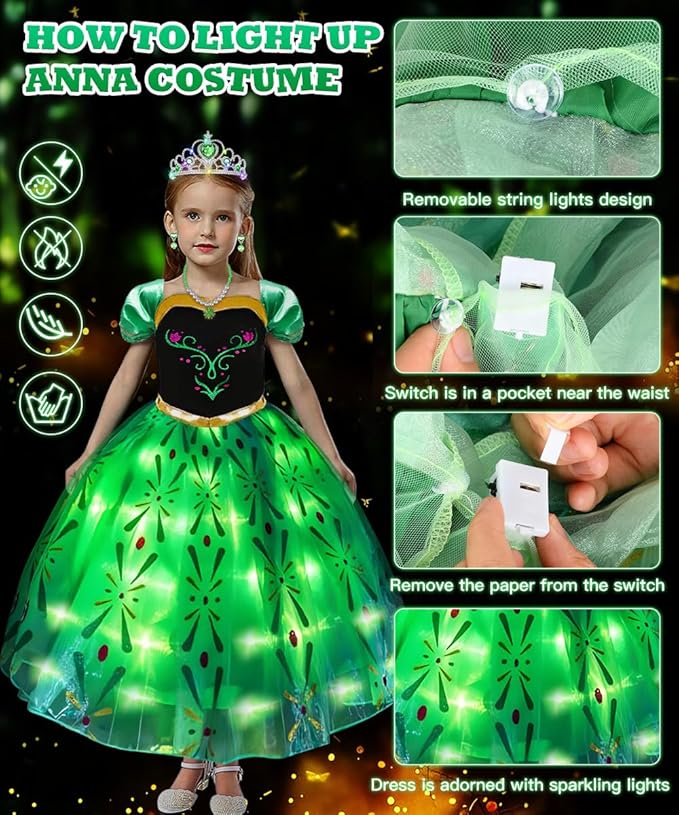 TOLOYE Princess Dresses for Girls, Light Up Elsa Anna Frozen Dress Up with Accessories for Birthday Halloween Carnival