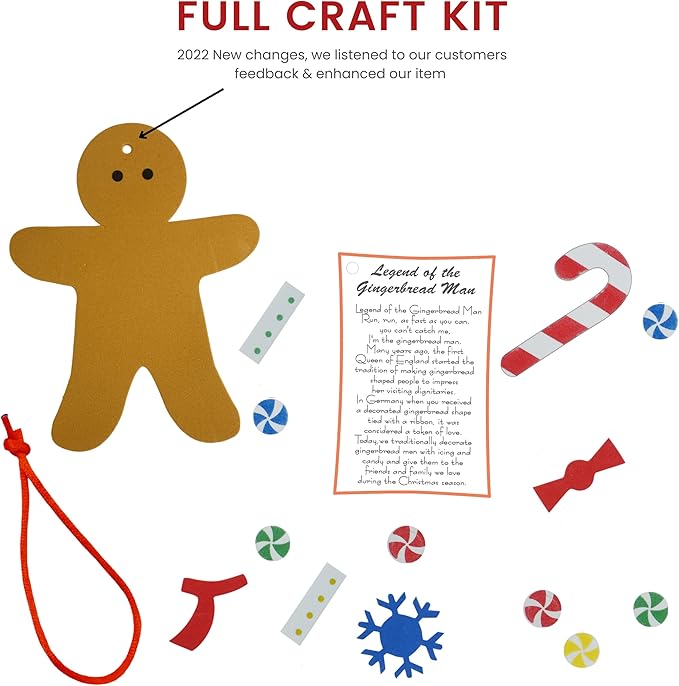 4E's Novelty Legend of Gingerbread Man Ornament Craft - 12 Pack Bulk Foam Christmas Ornaments Set, Ages 3-12, Self-Adhesive, DIY Ornaments for Christmas Tree, Classroom Art Project