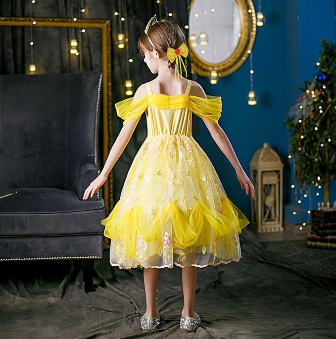 Princess Belle Costume Dress up Accessories for Girls Belle Gloves Tiara Crown Necklace Earrings Bracelet Ring Hair Bow and Rose Flower Set Princess Halloween Cosplay Accessories Christmas Gifts Set