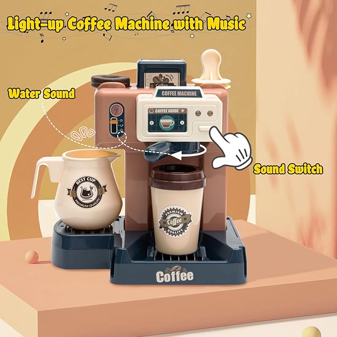 Jomifin Pretend Role Play Toy Coffee Shop for Boys and Girls with Coffee Maker Machine and Fake Donuts 41Pcs (Classic Edition)