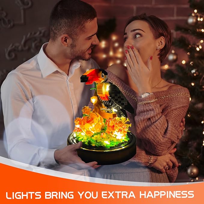Topdear Flower Parrot Bouquet Building Set with LED String Light and Dust Cover, 660 Pcs Animals Mini Bricks Building Blocks Toy for Kids, Adults, Gift for Mother's Day, Christmas(Black)