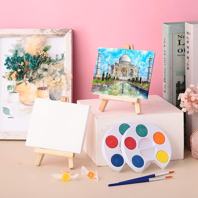 Glenmal Watercolor Paint Sets 3 x 4 Small Painting Canvas with Easel Paints Brush Set Kids Art Party Favors and Party Supplies Washable Watercolor Bulk for Kids Birthday Prizes (12 Sets)