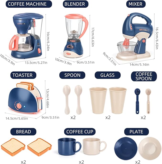 Pretend Play Kitchen Appliances Toy Set with Coffee Maker Machine,Blender, Mixer and Toaster with Realistic Light and Sounds for Kids Ages 4-8