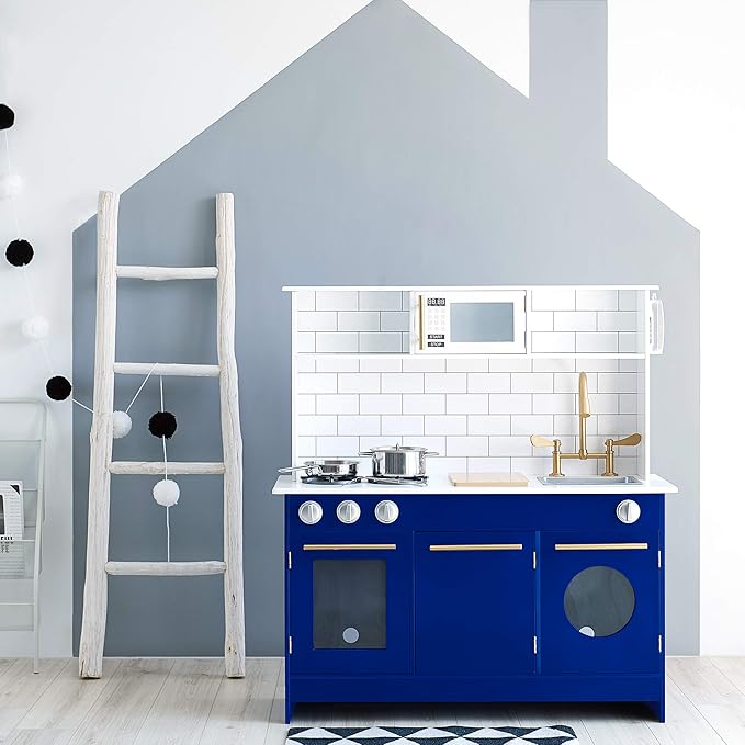 Teamson Kids Little Chef Berlin Kids Play Kitchen with 6 Kitchen Accessories, Wooden Play Kitchen Set for Toddlers with Subway Tile Backsplash, Gold Hardware, & Storage Shelves, Blue/White