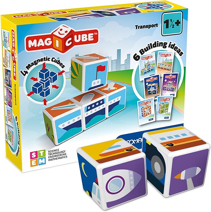 Geomag MagiCube Transport 4-Piece Magnetic Stacking Cubes Building Set, Toddlers & Kids Ages 1.5 and Up, STEM Educational Toy, Swiss-Made, Creativity, Imagination, Learning, 6 Adorable Building Ideas