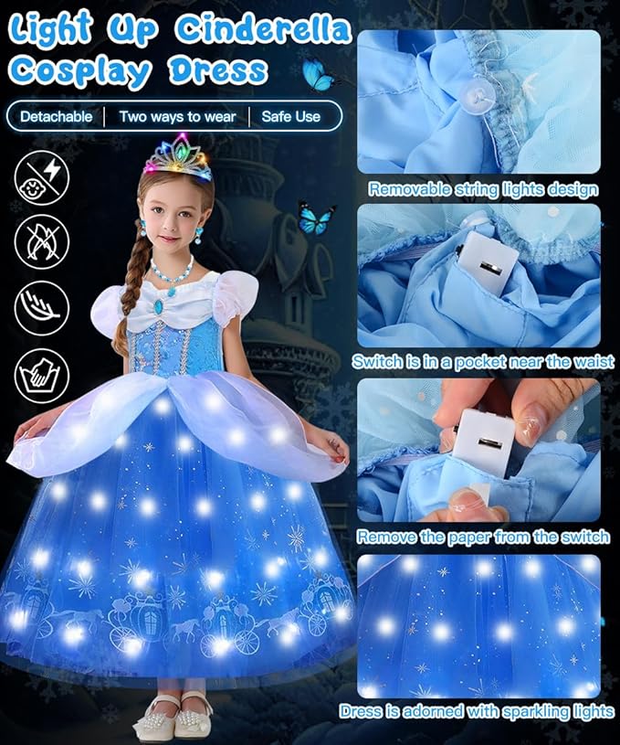 TOLOYE Princess Dress Up for Girls, Princess Costume for Girls Light Up with Accessories for Halloween Carnival Cospaly