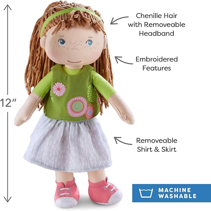 HABA Hedda - 12" Soft Doll with Brown Hair, Blue Eyes and Embroidered Face for Ages 18 Months and Up