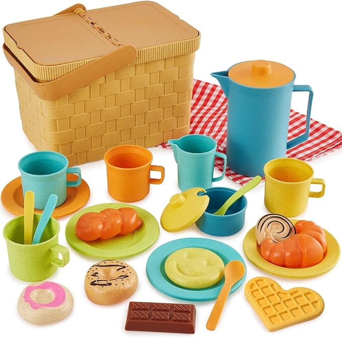 HERSITY Picnic Basket Toys for Toddlers, Kids Play Tea Sets with Teapot Tea Cup Dessert Food and Mat, Pretend Play Kitchen Accessories Tea Party Set Little Girl Boy Age 3 4 5
