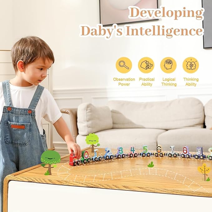 Toys for Toddlers, 12pc Wooden Magnetic Train Track Set with Animal and Digital Designs, Montessori Educational Toy for 2 3 4 5 Year Olds Boys and Girls Christmas Birthday Gift