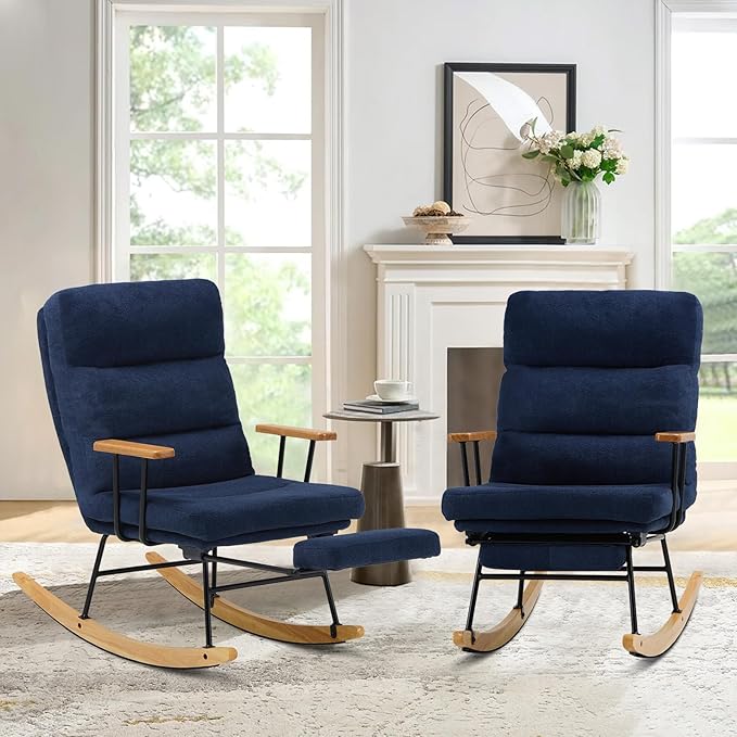 Rocking Chair with Footrest-Glider Rocker Chair with Retractable Footrest and Adjustable Backrest, Teddy Upholstered Rocking Chair Set of 2, Accent Chair for Living Room/Nursery/Bedroom/Outdoor-Blue