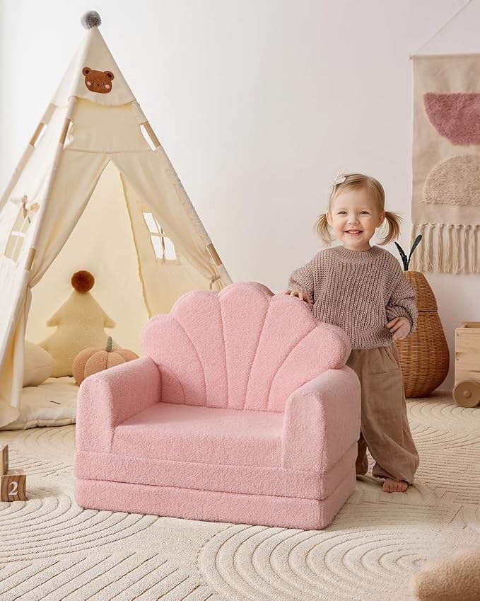 Blissful Diary Kids Couch, 2-in-1 Soft Toddler Couch Fold Out, Toddler Chair Comfy, Convertible Sofa to Lounger with Cute Shell Designs, Pink