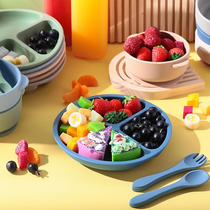 Dandat 24 Pcs Silicone Baby Feeding Set,6 Baby Toddler Suction Bowls 6 Divided Suction Plates with 6 Forks 6 Spoons, Utensils Set for Weaning Infant Feeding and Eating, 6 Styles(Dark Color)