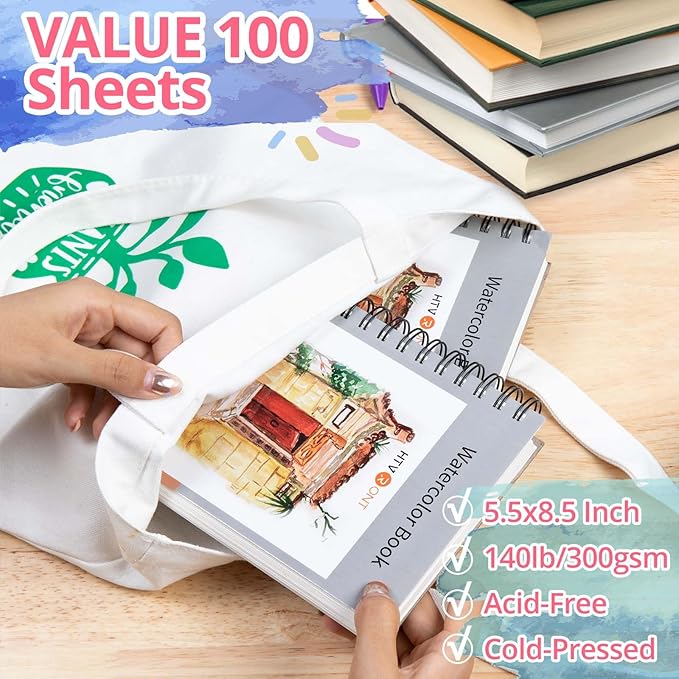 HTVRONT Watercolor Paper - 100 Sheets 5.5"x8.5" Watercolor Pad, 140 lb/300 GSM Watercolor Paper Pad, Spiral Bound for Full Spread & Sturdy Use, Ideal for Wet & Dry Media