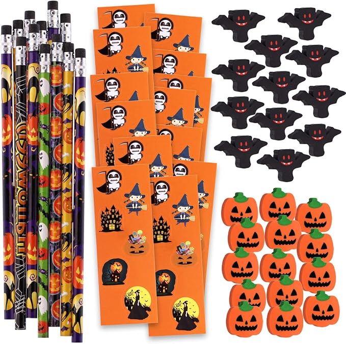 NEWBEA 156 Piece Halloween Party Favors Toys Assortment | 72 Halloween Glitter Tattoos | 48 Halloween Erasers | 12 Halloween Ducks | 12 Halloween Sticker Sheets | 12 Halloween Pencils