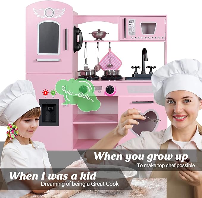 TaoHFE Play Kitchen, Pink Kids Kitchen Set for Girls Kitchen Set for Kids Ages 6-8 Gift Toddler Kitchen Set for Kids Age 3+ Kids Kitchen Playset with Lights & Sounds Wooden Toy Kitchen Playset Gift