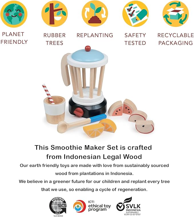 Mentari Toys - Smoothie Maker - 12pc Wooden Blender Play Set with Fruit, Cup, Straw & Spoon - Pretend Play Kitchen Toy for Toddlers - Encourages Creativity, Fine Motor Skills & Healthy Eating - Age 3+