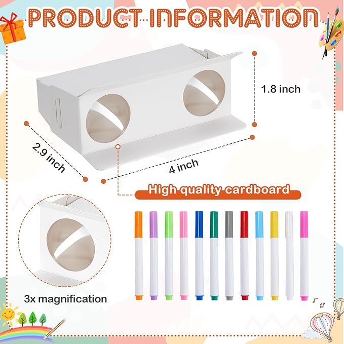 Shappy Cardboard Folding Binoculars with Coloring Markers Paintable Make Your Own Paper Binocular 3x Magnification DIY Art Craft Toys for Boys Girls Birthday Party Supplies Class Activity (100 Pieces)