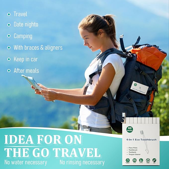 Travel Toothbrush Dental Floss Picks - 4 in 1 Biodegradable Disposable Toothbrushes with Tongue Scraper, Eco-Friendly Individually Wrapped Toothbrush for Adult Kids Travel Oral Care, 10 Pack