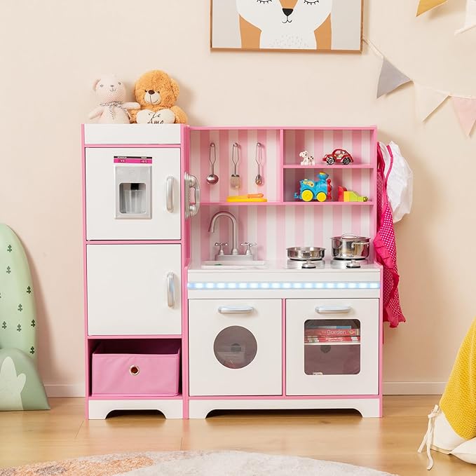 KOTEK Play Kitchen with Lights and Sounds, Wooden Toddler Kitchen Playset w/Ice Maker, Washing Machine, 16 Accessories & Stove, Chef Pretend Play Toy Kitchen Set for Kids Girls & Boys Ages 3+ (Pink)