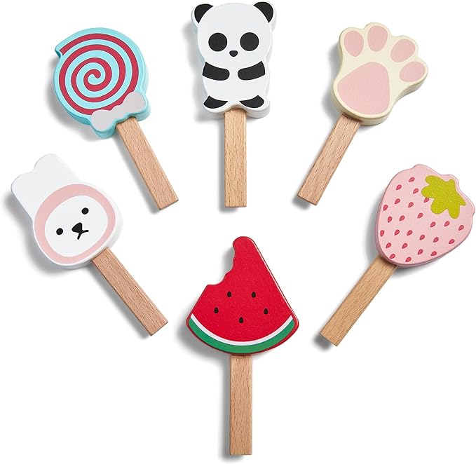 Wooden Ice Cream Cart Toy Playset with Ice Cream Toys Pretend Play Food Truck Play Kitchen Accessories with Ice Lolly & Scoop & Menu Wooden Toys Gift for 3 4 5 6 7 8 Year Old Girls Boys
