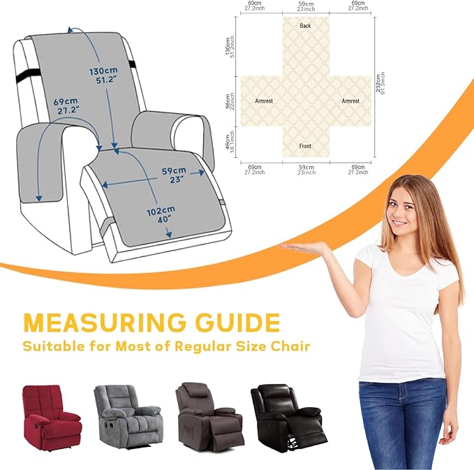 XINEAGE 100% Waterproof Recliner Chair Covers with Elastic Straps, Nonslip Reclining Couch Covers Washable Recliner Couch Cover with Pockets Furniture Protector for Pets Dogs (Greyish Blue, 23")