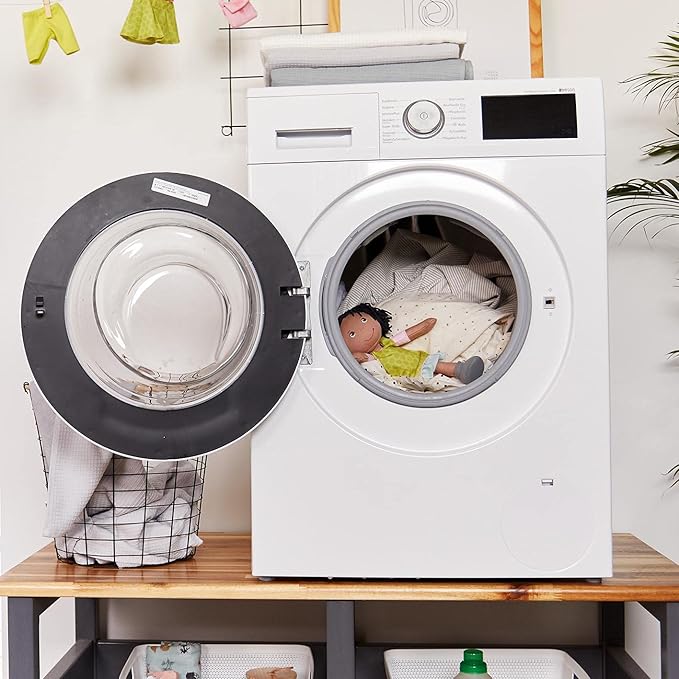 HABA Cari 12" Soft Doll - Machine Washable with Green Dress, Embroidered Face, Brown Eyes and Black Pigtails