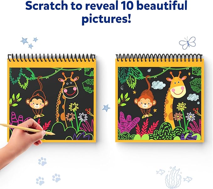 Skillmatics Magical Scratch Art Book for Kids - Animals, Craft Kits & Supplies, DIY Activity & Stickers, Gifts for Toddlers, Girls & Boys Ages 3, 4, 5, 6, 7, 8, Travel Toys