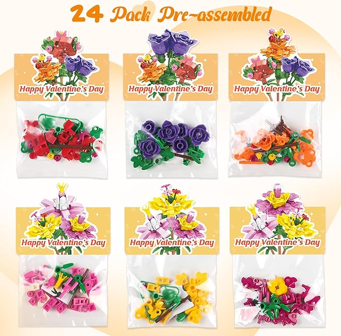 Valentines Day Gifts for Kids - 24 Pack Prefilled Valentine's Day Cards with Flower Building Blocks Crafts for School Classroom Class Party Favor, Valentines Gifts Bulk Exchange for Boys Girls Teens