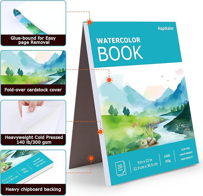 Hapikalor 4-Pack 9"x12"Watercolor Paper Pad, Bulk School Supplies for Kids, Teacher Classroom Must Have, Art Watercolor Paper, Arts & Crafts, Watercolor Pad for Finger Paint, Watercolor Pens, Teal