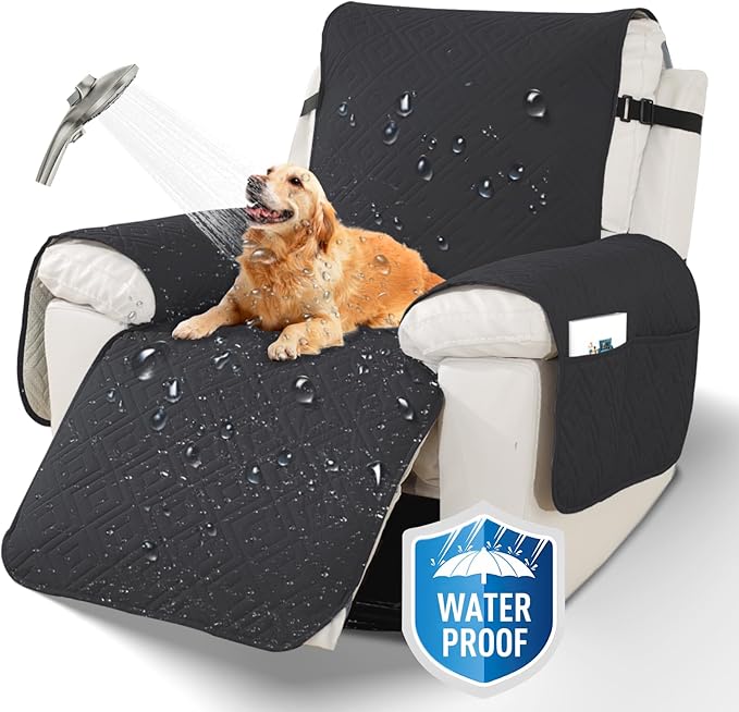 XINEAGE 100% Waterproof Recliner Cover, Non Slip Recliner Chair Cover with Elastic Band, Washable Recliner Slipcover with Storage Pockets for Kids, Pets (Black, 23")