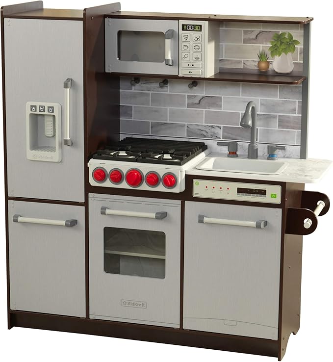 KidKraft Uptown Elite Espresso Play Kitchen with EZ Kraft Assembly™, Lights and Sounds, Working Ice Maker and Click and Turn Knobs, Gift for Ages 3+
