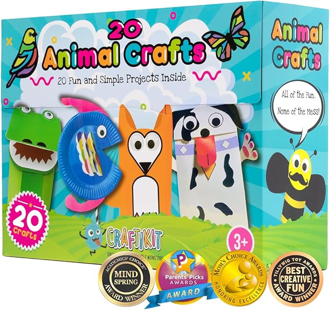 Craftikit® 20 Award-Winning Animal Toddler Arts and Crafts for Kids Ages 3-10 Years, All-Inclusive Animal Craft Kits, Fun Toddler Craft Box for Girls, Boys in Preschool