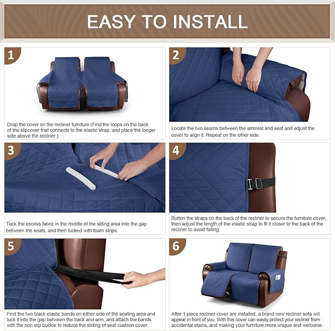 KinCam Waterproof Loveseat Recliner Cover, Non-Slip Reclining Couch Covers for 2 Seat, Recliner Sofa Cover Furniture Protector with Elastic Straps for Kids, Pets, Blue