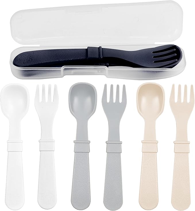 Re-Play Made in USA Toddler Forks and Spoons, Pack of 8 With Carrying Case - 4 Kids Forks with Rounded Tips and 4 Deep Scoop Toddler Spoons - 0.2" Thick Toddler Utensils with Case, Monochrome