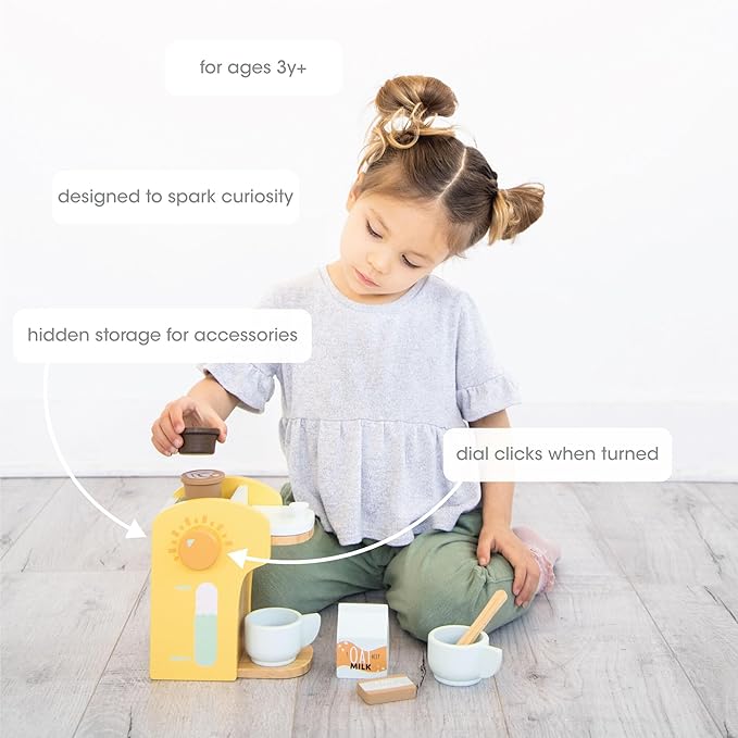 Pearhead Barista in Training Montessori Toy Coffee Maker, Wooden Pretend Play Toy Set for Developmental Learning, Play Kitchen Set for Toddlers Ages 3+ Years, 9 Piece Wooden Play Toy Set