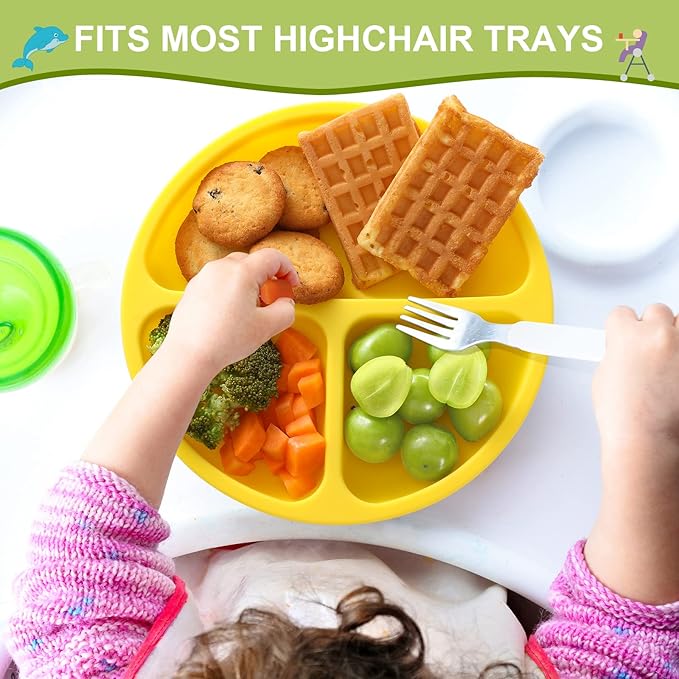 VITEVER 4 Pack Suction Plates with Lids for Baby & Toddler, 100% Food-Grade Silicone, Divided Design, Microwave & Dishwasher Safe