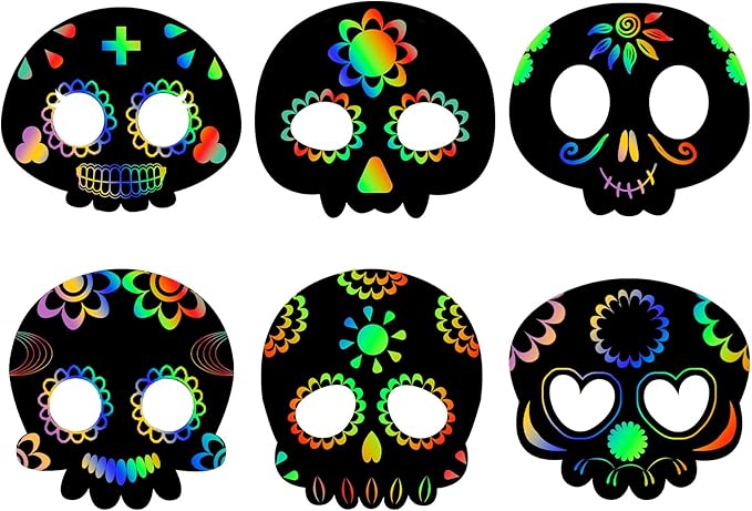 48pcs Halloween Scratch Mask, Skull Magic Scratch Paper Art Masks Set Funny Paper Art Craft Kit Halloween Party Favor Supplies for Kids