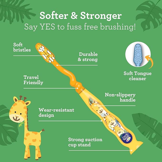 GuruNanda Kids Toothbrush with Suction Cup & Fun Animal Designs - Soft Bristles for Healthy Gums- Non-Slippery & Mess-Free Toothbrush, 3+ Age- 4 Count (Pack of 2)